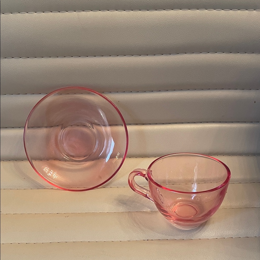 Set of 2 Pink Glass Teacup and Saucer Set